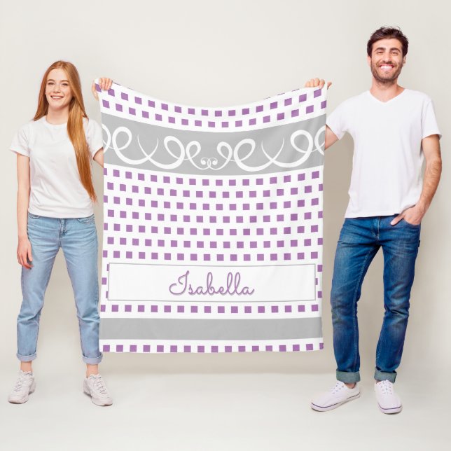 Cute Girly Purple Square Polka Dots & Swirls Name Fleece Blanket (In Situ)