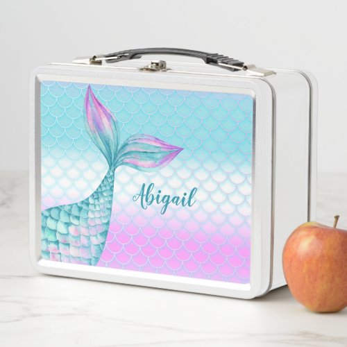 Cute Girly Purple Teal Mermaid Tail Fish Scales Metal Lunch Box