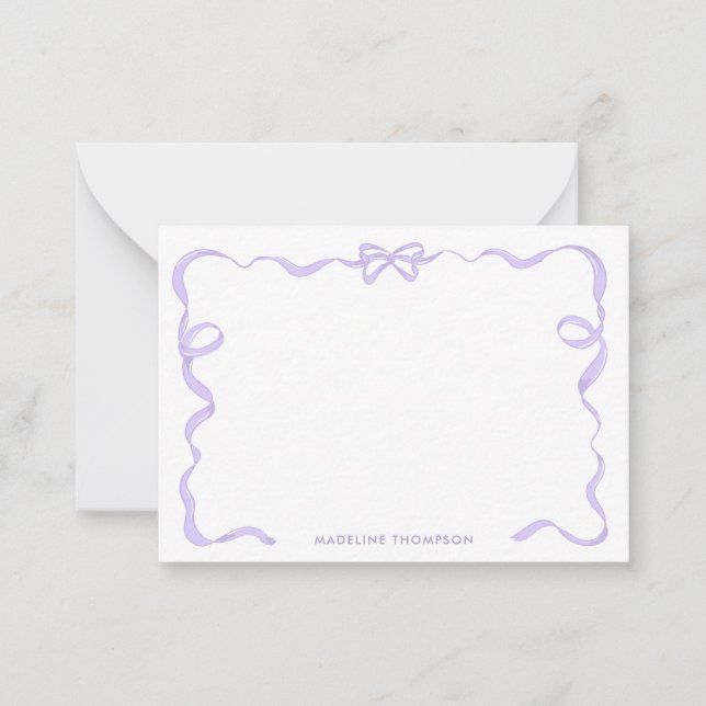 Cute Girly Purple Violet Lavender Bow Ribbon Frame Note Card (Front)