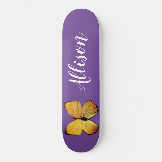 Cute Girly Purple Yellow Butterfly Personalized Skateboard (Front)