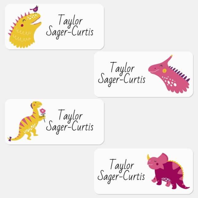 Cute girly purple yellow dinosaur personalize kids' labels (Group)