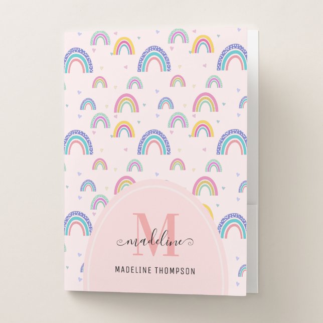 Cute Girly Rainbow Hearts Pink Monogram Pocket Folder (Front)