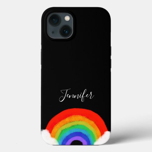 Cute Girly Rainbow on Black Personalized Kids iPhone 13 Case