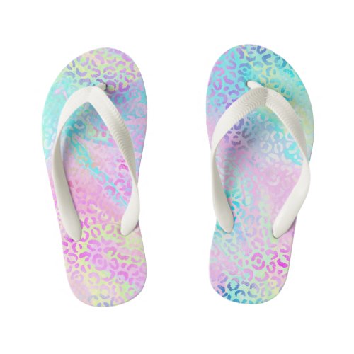 Cute Girly Rainbow Shimmer Leopard Print Kids Flip Flops