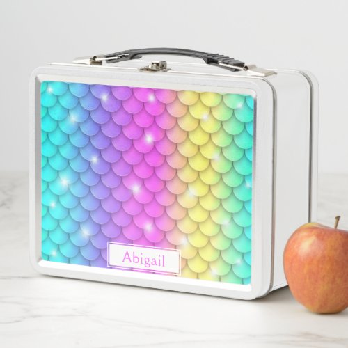 Cute Girly Rainbow Sparkle Mermaid Scales Pattern Metal Lunch Box