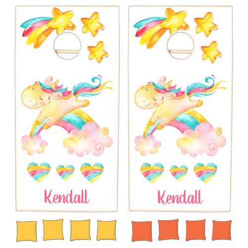 Cute Girly Rainbow Unicorn Monogrammed Name Cornhole Set