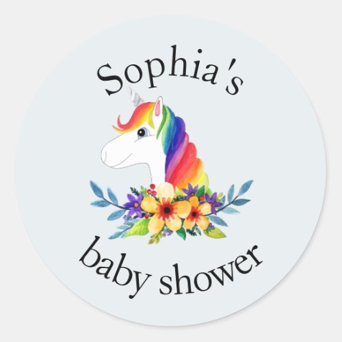 Cute Girly Rainbow Unicorn Name Baby Shower Classic Round Sticker