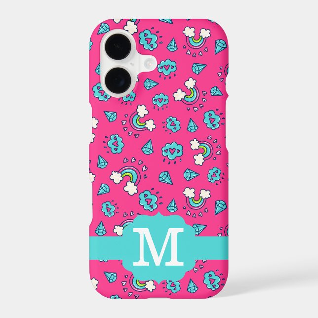 Cute Girly Rainbows Hearts & Gems Pattern Monogram Case-Mate iPhone Case (Back)