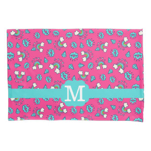Cute Girly Rainbows Hearts & Gems Pattern Monogram Pillow Case