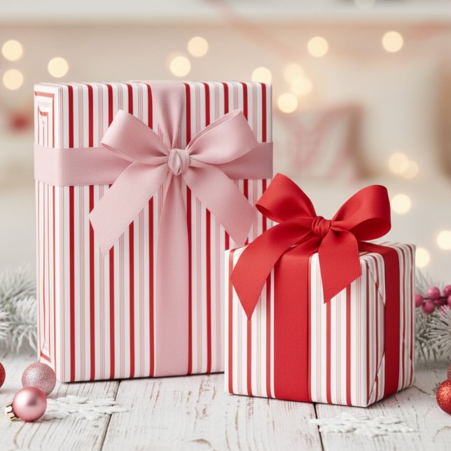 Cute Girly Red and Pink Candy Cane Pinstripe Wrapping Paper (Cute Red and Pink Candy Cane Stripes Girly Christmas Wrapping Paper for Her. Modern Xmas Pinstripes)
