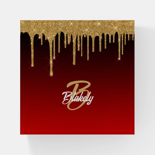 Cute Girly Red Gold Glitter Drip Monogram Initial Paperweight