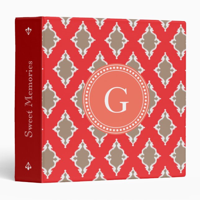 Cute girly red ikat tribal pattern monogram 3 ring binder (Front/Spine)