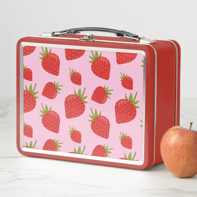 Cute Girly Red Pink Retro Strawberry Pattern Metal Lunch Box (In Situ)