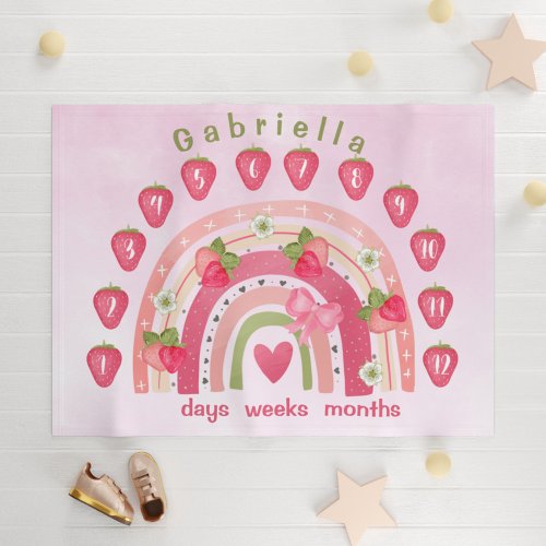 Cute girly red strawberry rainbow milestone baby blanket