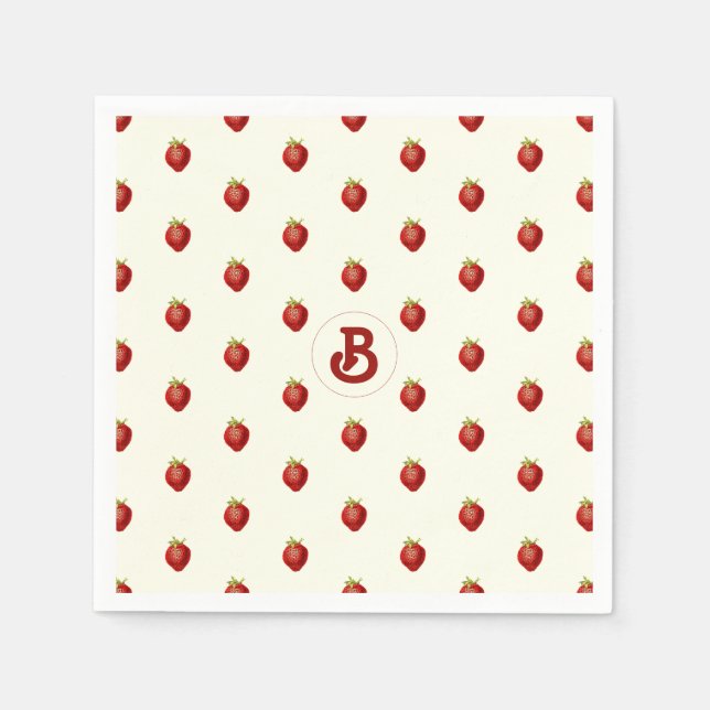 Cute Girly Red White Strawberry Name Monogram Napkins (Front)