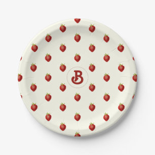 Cute Girly Red White Strawberry Name Monogram Paper Plates