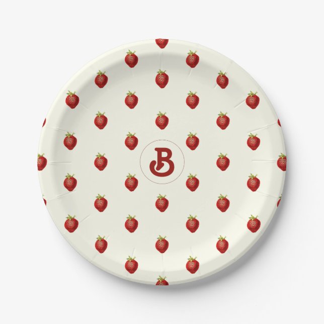 Cute Girly Red White Strawberry Name Monogram Paper Plates (Front)