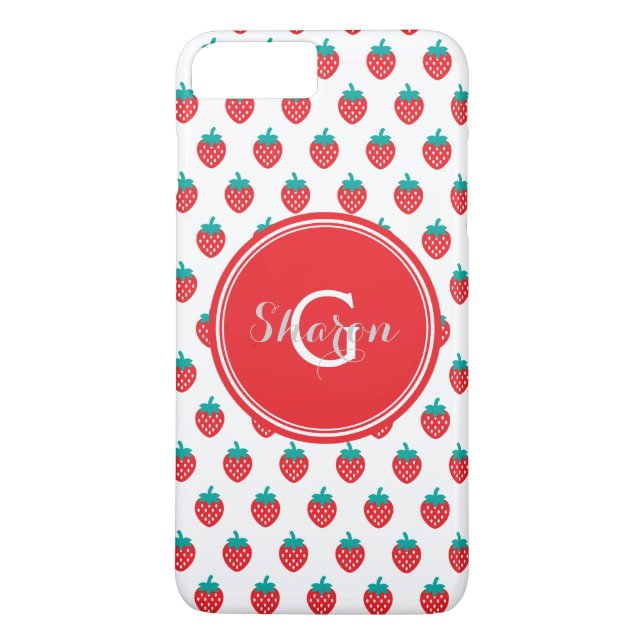 Cute girly red white strawberry patterns monogram Case-Mate iPhone case (Back)