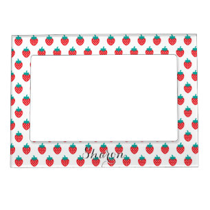 Cute girly red white strawberry patterns monogram magnetic photo frame