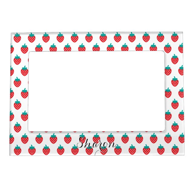 Cute girly red white strawberry patterns monogram magnetic photo frame (Front)