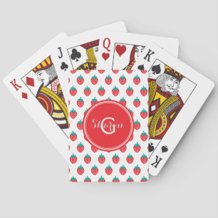 Cute girly red white strawberry patterns monogram poker cards
