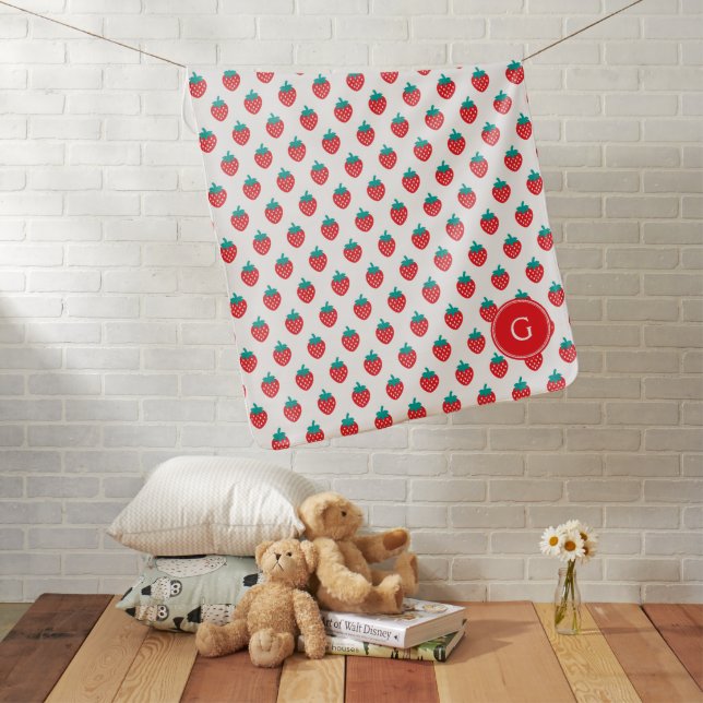 Cute girly red white strawberry patterns monogram receiving blanket (In Situ)
