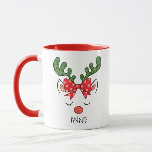 Cute Girly Reindeer Eyelashes Red Green 2 Tone Mug
