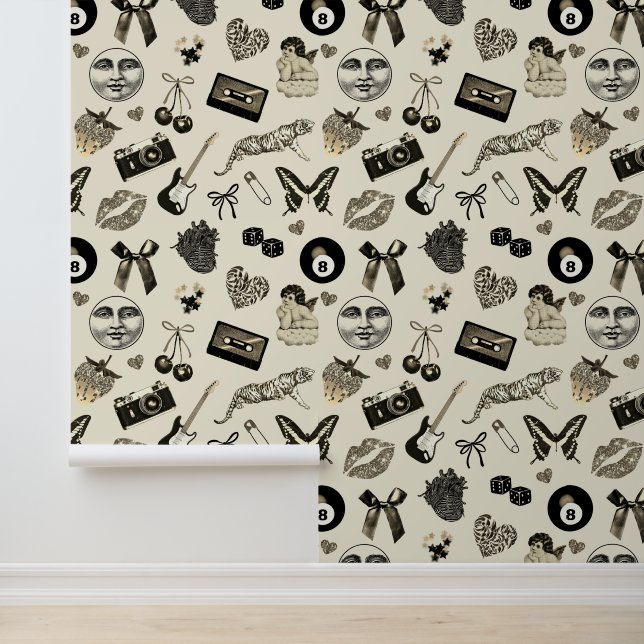 Cute Girly Retro Black Beige Aesthetic Pattern Wallpaper (Application)