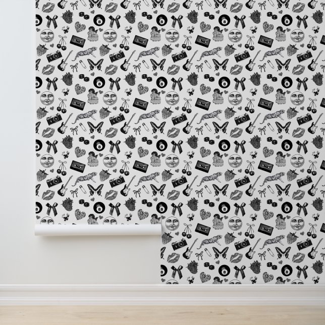 Cute Girly Retro Black White Aesthetic Pattern Wallpaper (Application)