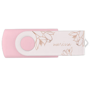 Cute Girly Rose Gold Hand Drawn Whimsical Flowers Flash Drive