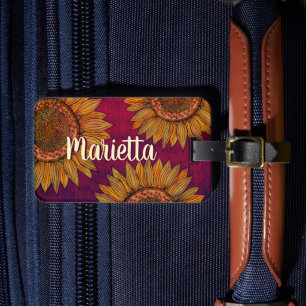 Cute Girly Rustic Boho Burgundy Purple Sunflower Luggage Tag