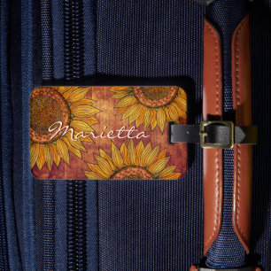 Cute Girly Rustic Boho Wood Pretty Sunflower Luggage Tag