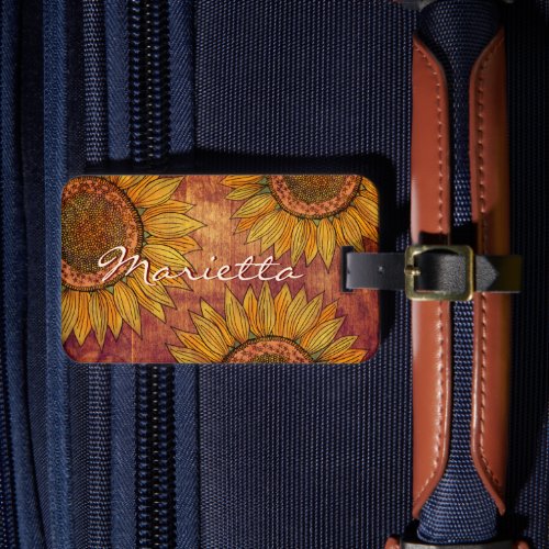  Cute Girly Rustic Boho Wood Pretty Sunflower Luggage Tag