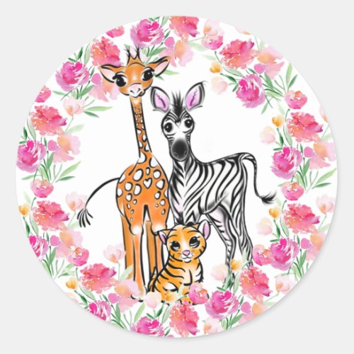 Cute girly Safari friends giraffe zebra tiger Classic Round Sticker