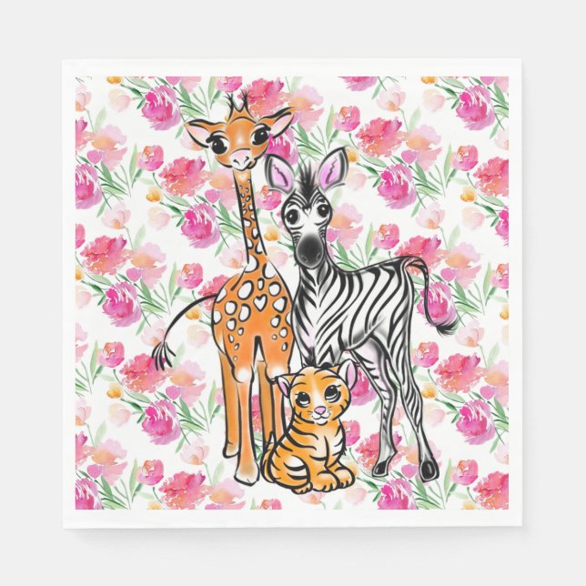 Cute girly Safari friends, giraffe, zebra, tiger Napkins (Front)