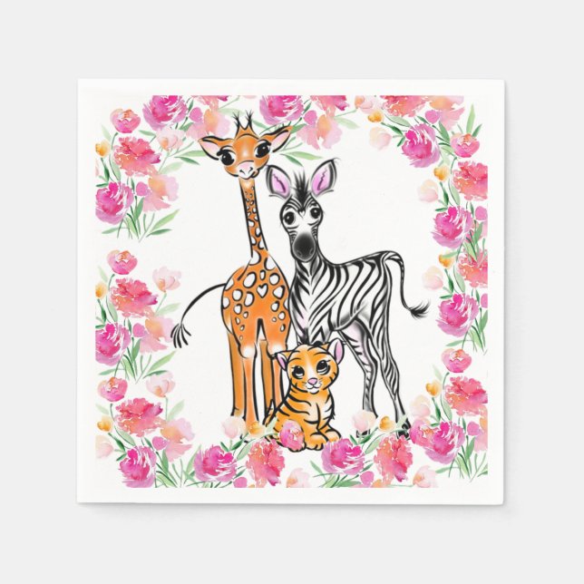 Cute girly Safari friends, giraffe, zebra, tiger Napkins (Front)