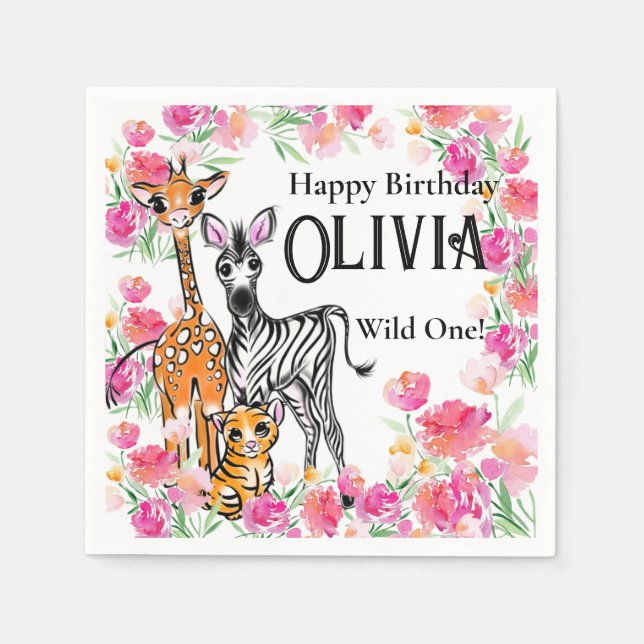 Cute girly Safari friends, giraffe, zebra, tiger Napkins (Front)