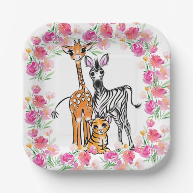 Cute girly Safari friends, giraffe, zebra, tiger Paper Plates (Front)