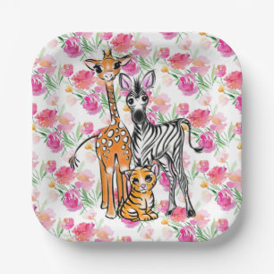 Cute girly Safari friends, giraffe, zebra, tiger Paper Plates