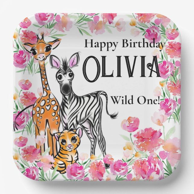 Cute girly Safari friends, giraffe, zebra, tiger Paper Plates (Front)