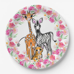 Cute girly Safari friends, giraffe, zebra, tiger Paper Plates