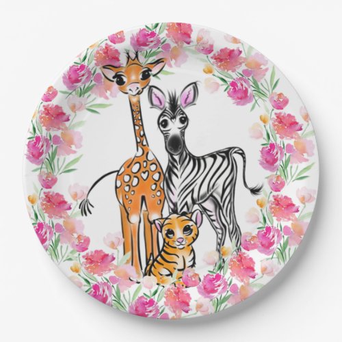Cute girly Safari friends giraffe zebra tiger Paper Plates