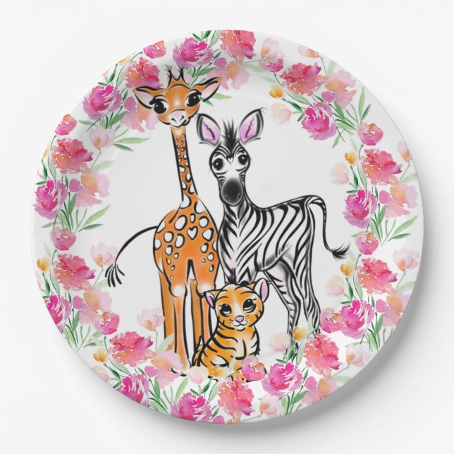 Cute girly Safari friends, giraffe, zebra, tiger Paper Plates (Front)