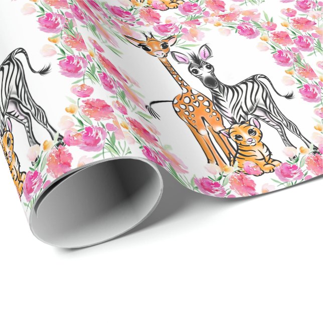 Cute girly Safari friends, giraffe, zebra, tiger Wrapping Paper (Roll Corner)