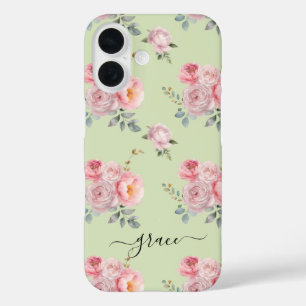 Cute Girly Sage Green Pink Floral Personalized iPhone 16 Case