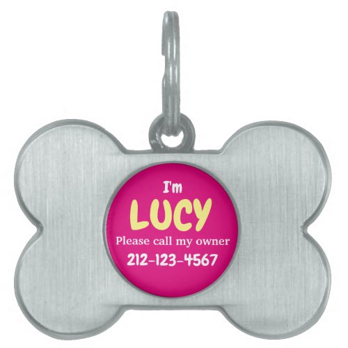 Cute Girly Silver Bone Shaped Hot Pink Customized Pet ID Tag