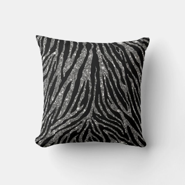 Cute Girly Silver Faux Glitter Zebra Black Pattern Throw Pillow (Front)