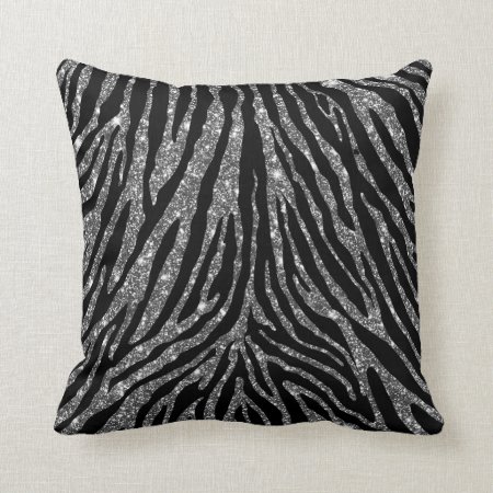 Cute Girly Silver Faux Glitter Zebra Black Pattern Throw Pillow