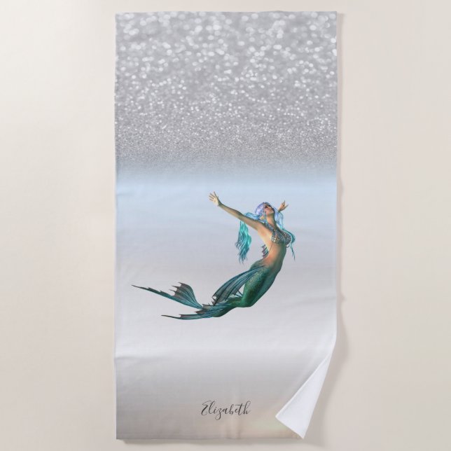 Cute Girly Silver Glitter Bokeh Mermaid Beach Towel (Front)
