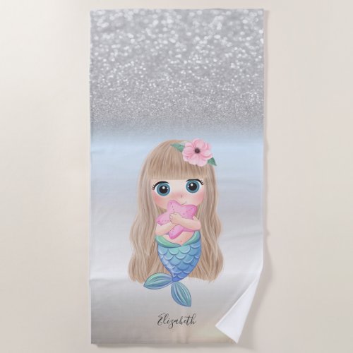 Cute Girly Silver Glitter Bokeh Mermaid Star Beach Towel